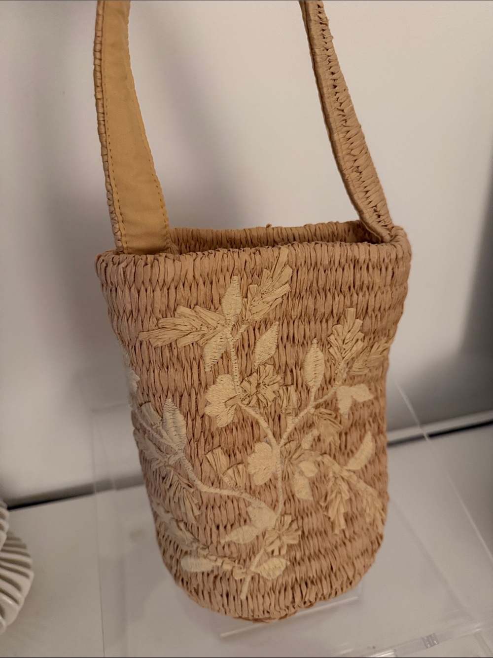 Zara Tan Woven Mini Bucket Bag with Cream Floral Embroidery